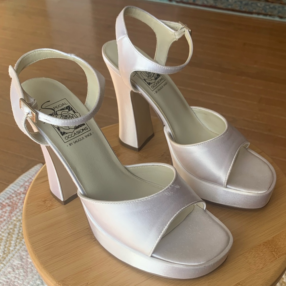 Satin-White Platform Heels (8.5) - Picture 2 of 6